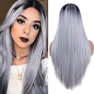 Long Straight Ombre Grey Wigs for Women Non-Lace Front Synthetic Full Wig 22"